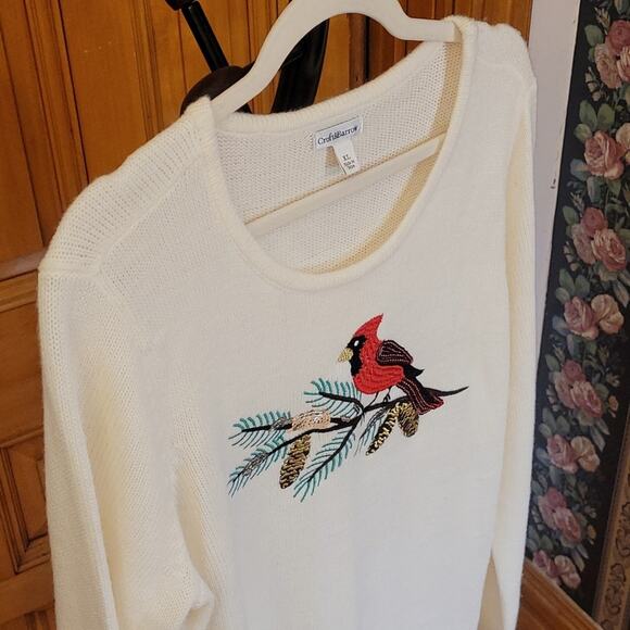 Croft & Barrow Adorable Cardinal on Pine Branch Sweater White Size XL Sequins - Picture 5 of 10